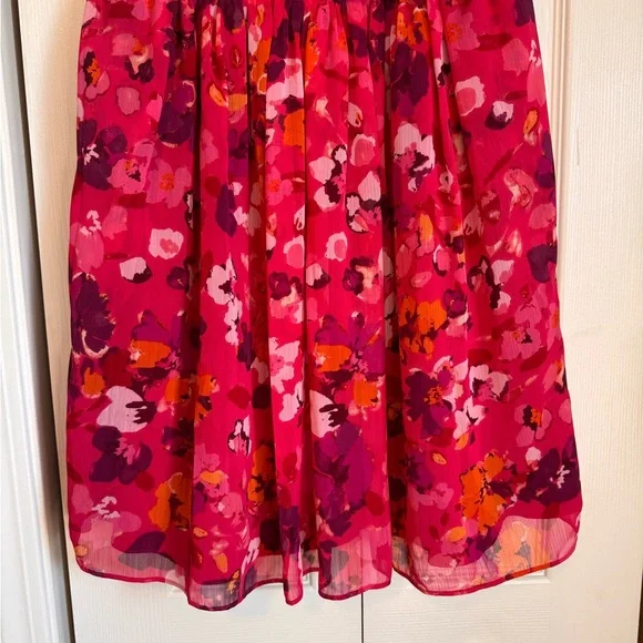 Express Floral Chiffon Fit Flare Pink Red Sleeveless Dress VNeck  Zipper Size 4 - Picture 5 of 11